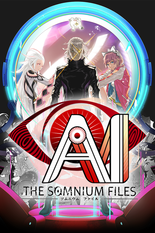 official art for AI: The Somnium Files. it features date, a character with light hair, two different eyes, and black and purple clothes. he is standing in an abandoned amusement park at night and there are red streaks of light. the game logo is in the top left, which is all red and includes a large artistic representation of an eye